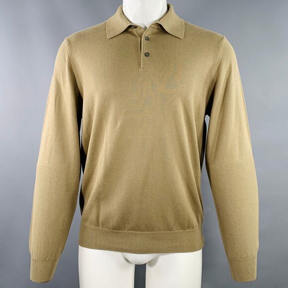 TOSCANO Size S Khaki Cotton Blend Long Sleeve Polo Pullover